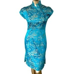 Vintage Cheongsam Cocktail Dress Teal Golden Silk Jacquard 1960s Japan Small
